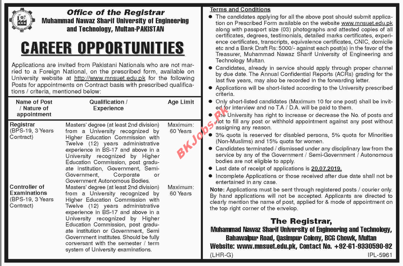 Nawaz Sharif University Multan Jobs For Registrar Controller Of