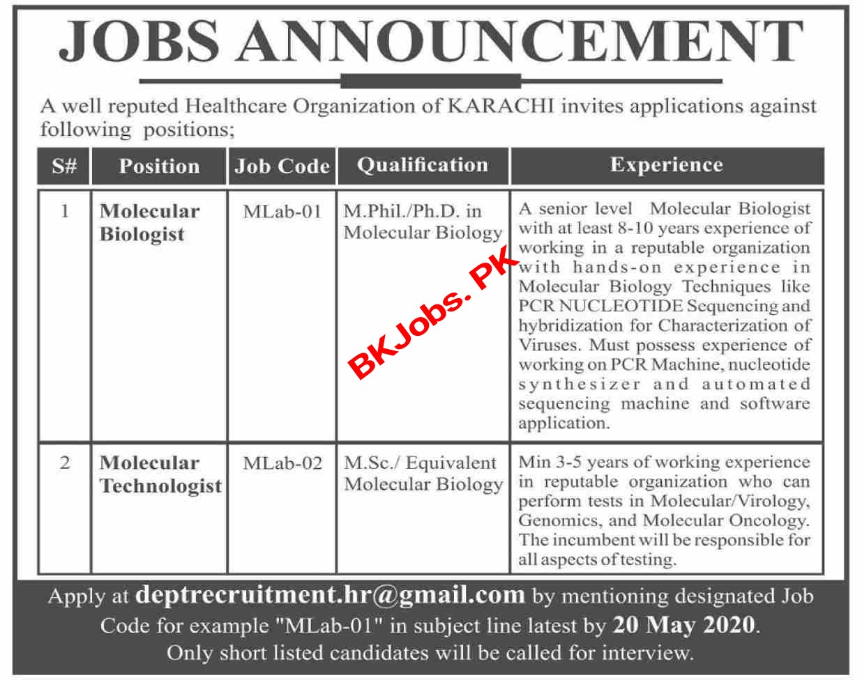 Healthcare Org Karachi Jobs 2020 For Medical Staff BK Jobs