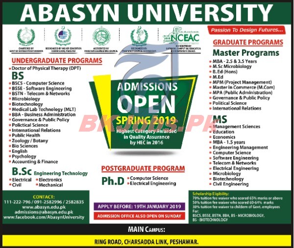 Abasyn University Peshawar Admission For BS B.Sc MS Latest ...