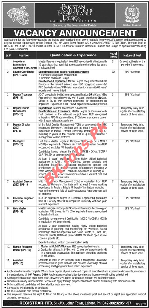 Pakistan Institute of Fashion Designer Lahore Jobs for Course ...