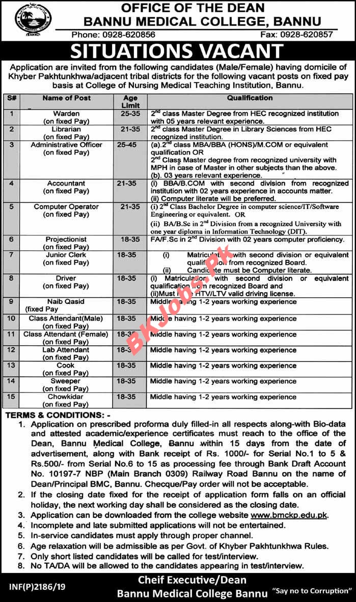 Bannu Medical College Jobs For Warden Accountant Driver Others