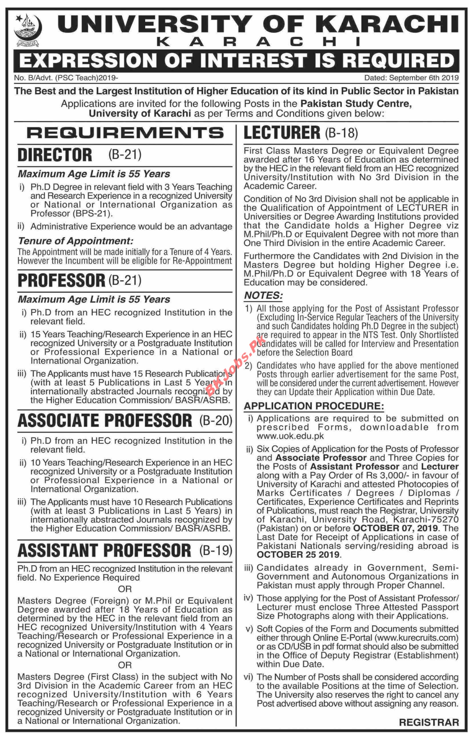 University of Karachi Jobs for Director & Teaching Staff Latest