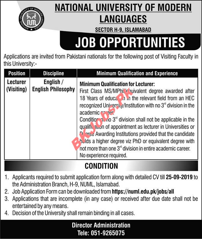 NUML Islamabad Jobs For Lecturer Latest Advertisement | BK Jobs