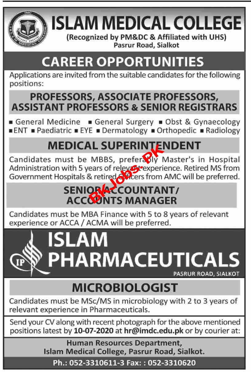 Islam Medical College Sialkot Jobs 2020 For Teaching And Admin Staff Bk Jobs 