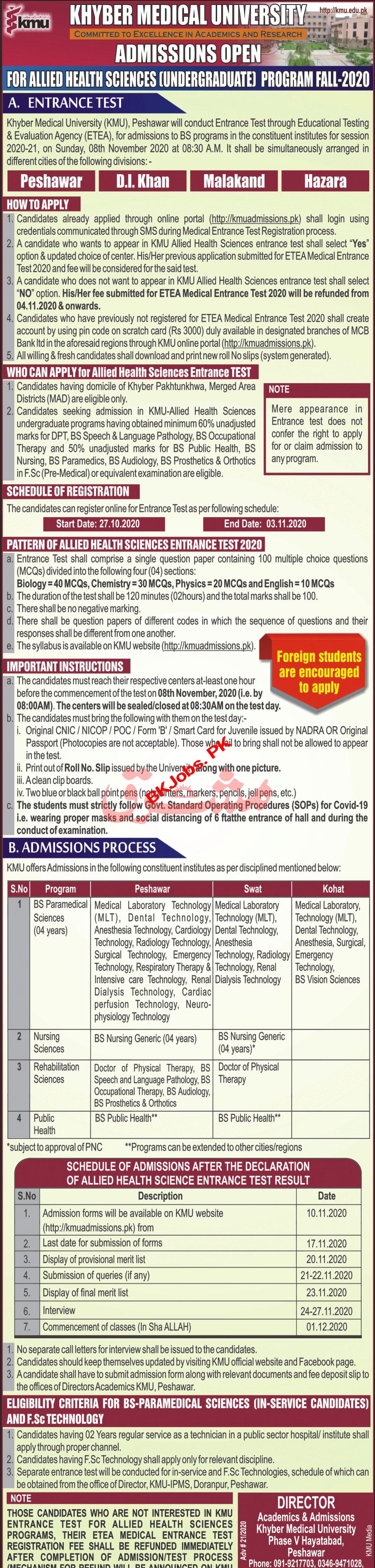 Khyber Medical University Peshawar Admission 2020 For Allied Health ...