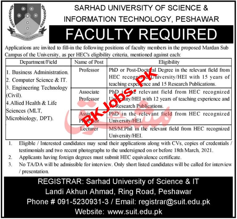 Sarhad University Peshawar Jobs 2021 For Teachers | BK Jobs