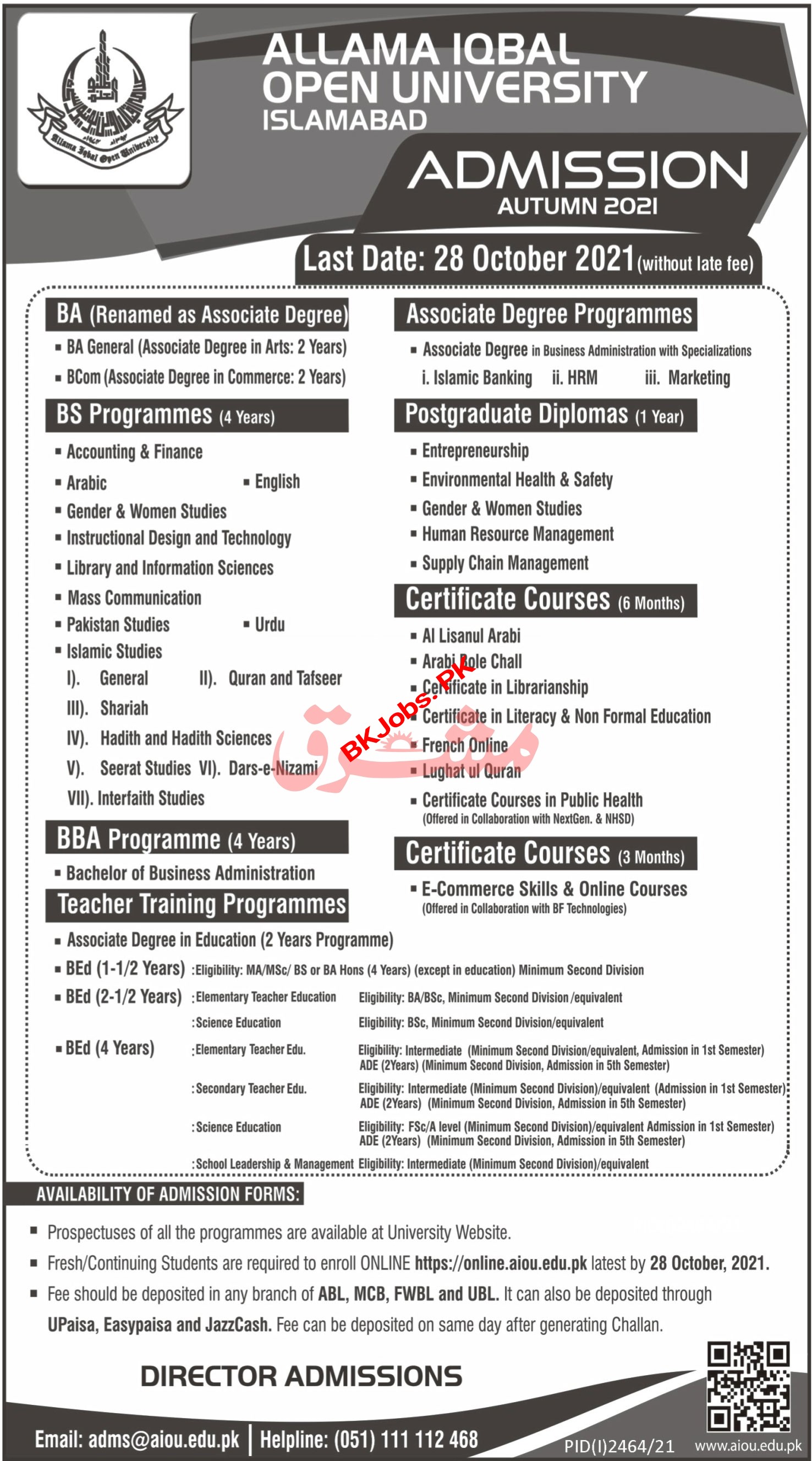 Allama Iqbal Open University Islamabad Admission 2021 | BK Jobs