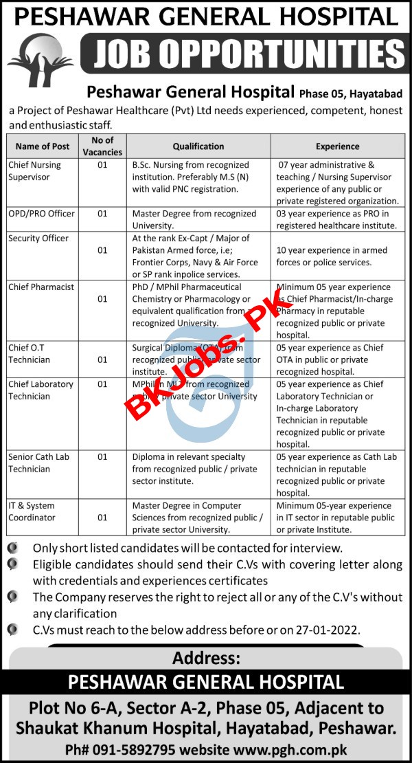 Peshawar General Hospital Jobs 2022 For Medical & Admin Staff BK Jobs