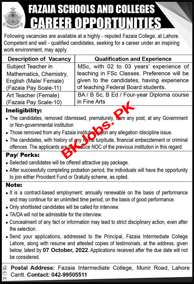 Fazaia Schools And Colleges Islamabad Jobs 2022 For Teaching Staff | BK ...