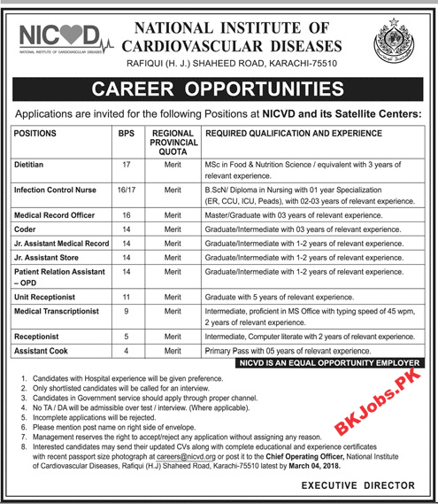 National Institute of Cardiovascular Diseases Karachi Jobs for Medical ...