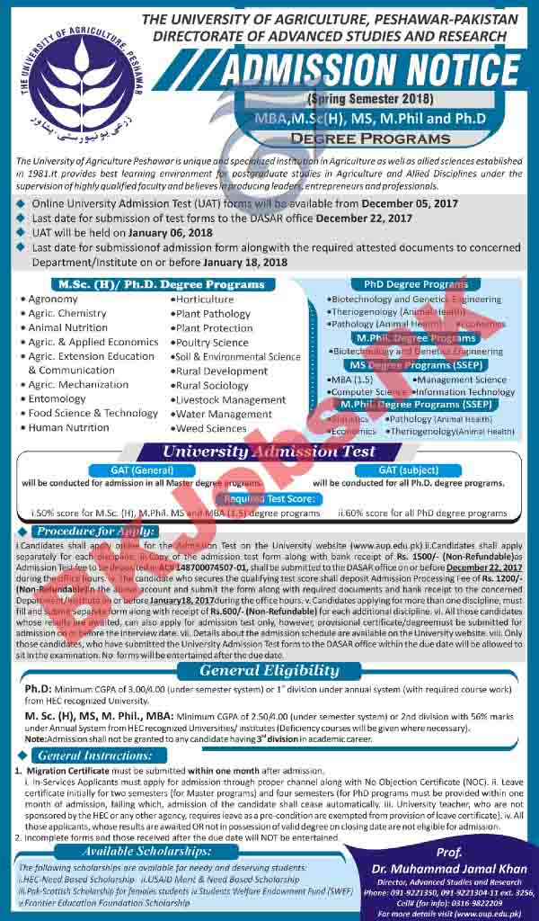 The University Of Agriculture Peshawar Admissions Latest