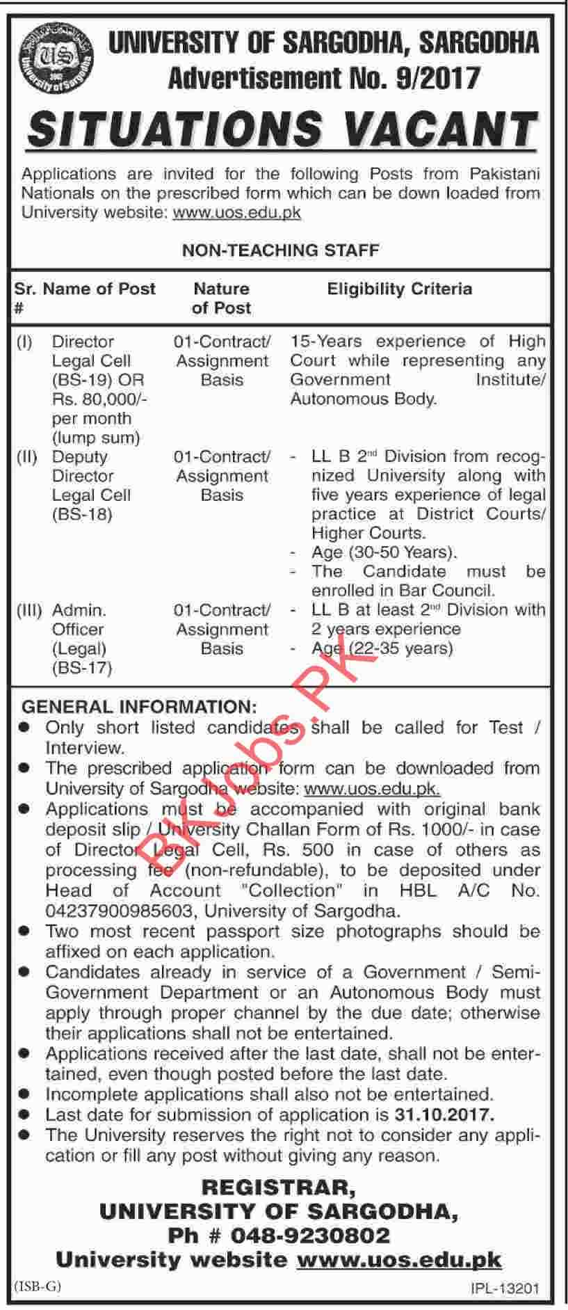 University of Sargodha Jobs for Director Legal Cell Deputy 