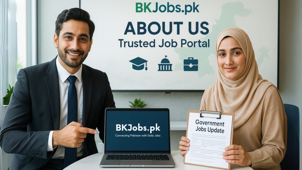 Pakistani professionals at BKJobs.pk working on daily job updates in a modern office – About Us banner